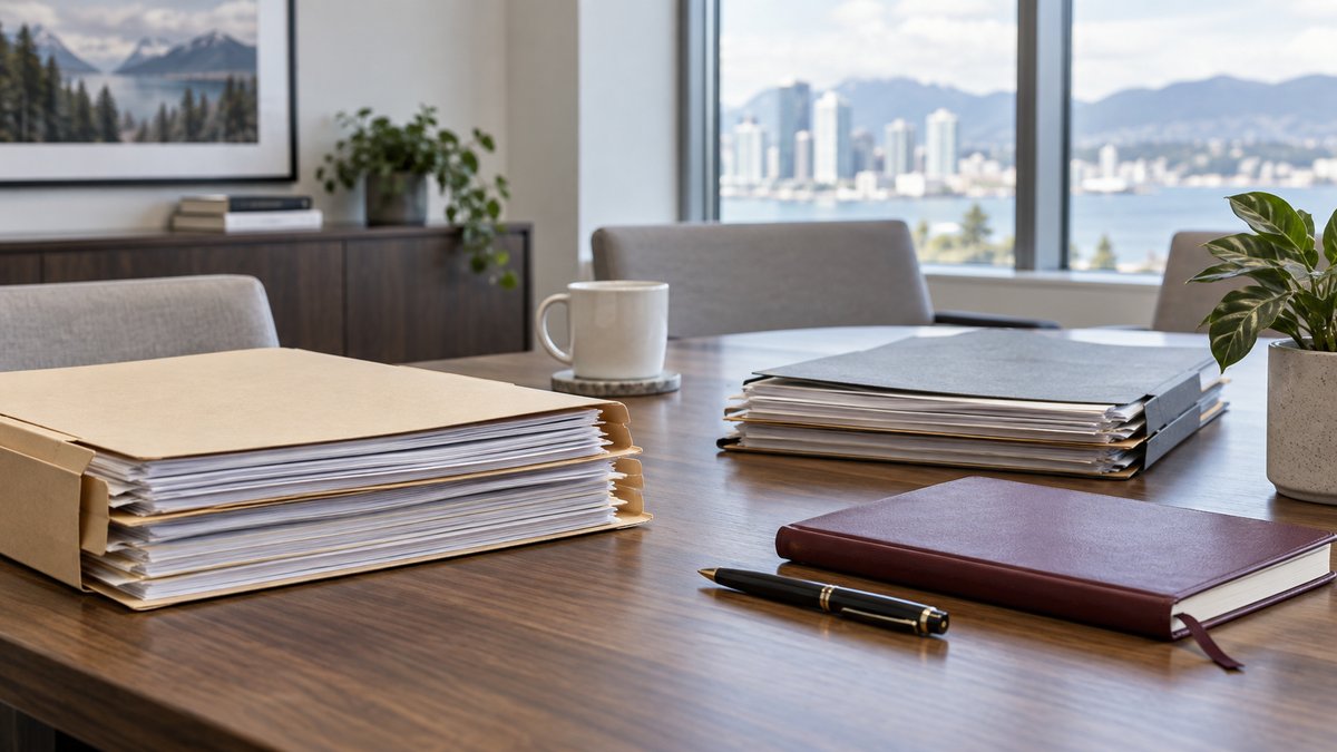 Illustrative case documents on a meeting table